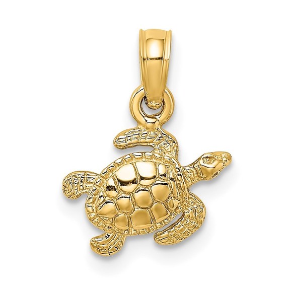 14k Yellow Gold Mini Textured Sea Turtle Necklace Charm Pendant